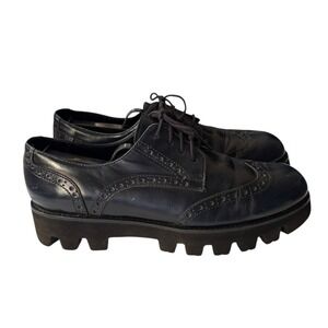 Propaganda Italy Navy Blue Leather Wingtip Brogue Chunky Lug Platform Oxfords 39